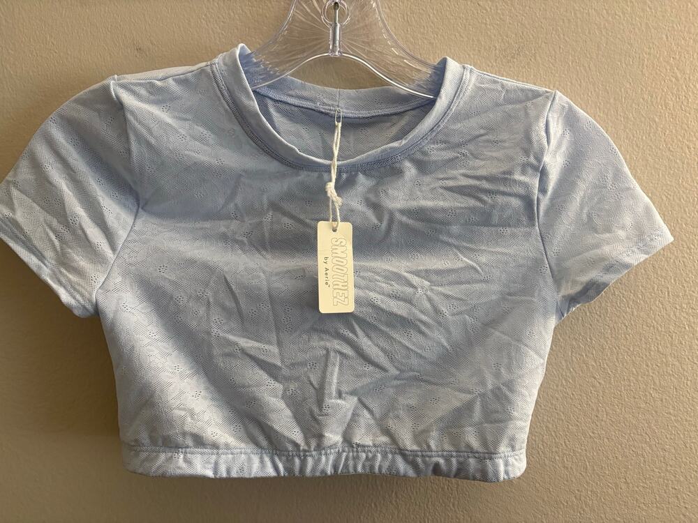 Aerie SMOOTHEZ Mesh Pointelle Cropped Tee Baby Blue Short Sleeve Shirt Top S NWT